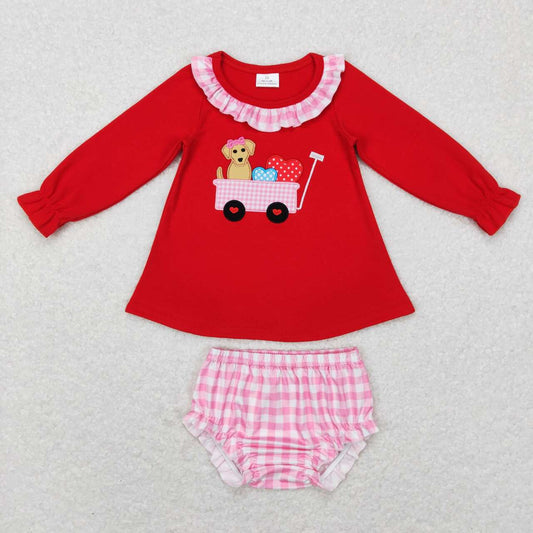 GBO0191 Embroidery Love Dog Red Long Sleeve Pink Plaid Briefs Set