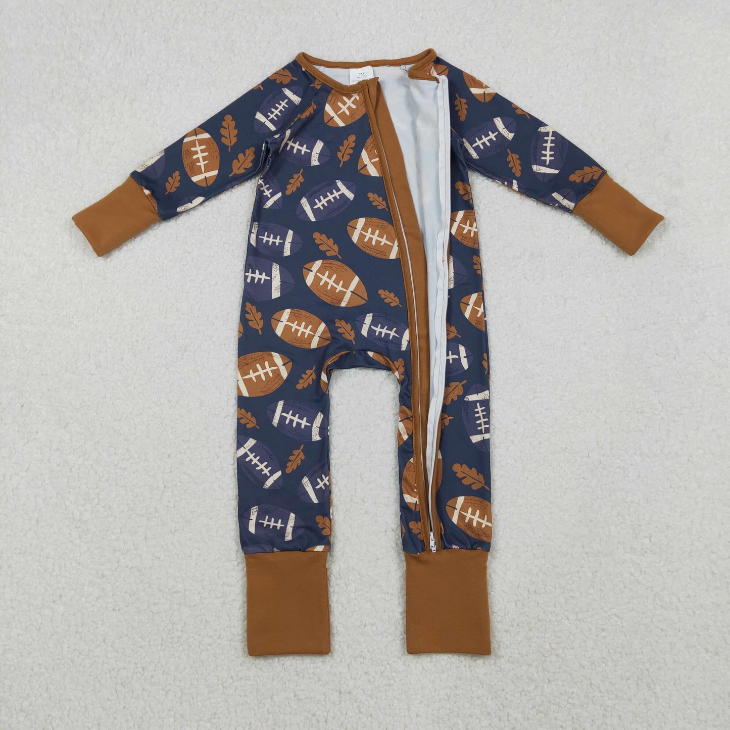 LR2543 Baby Boys Leaves Footballs Fall Team Zipper Footie Rompers  D 1023