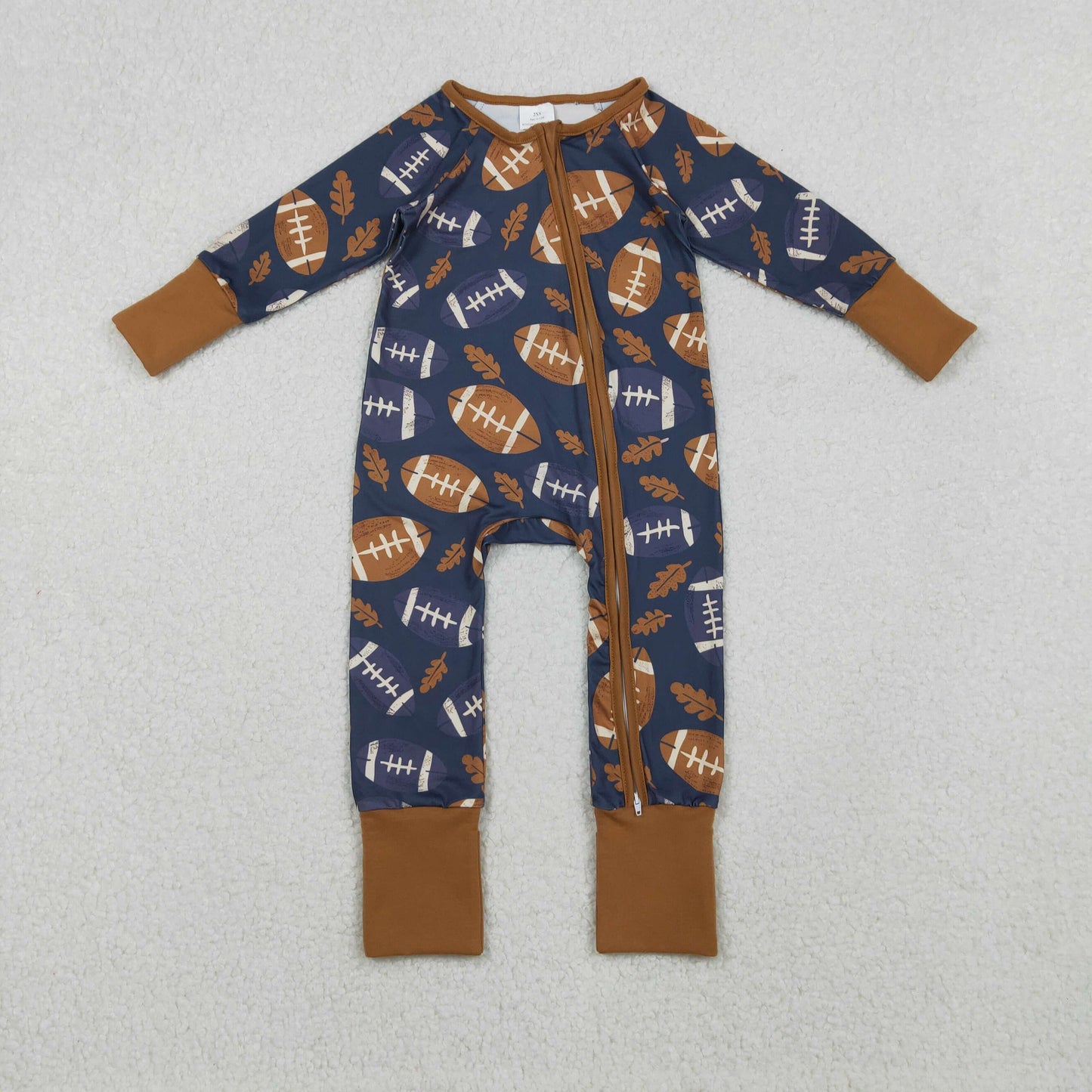 LR2543 Baby Boys Leaves Footballs Fall Team Zipper Footie Rompers  D 1023