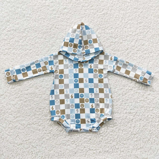 LR0268 Happy Blue Plaid Hooded Long Sleeve Bodysuit