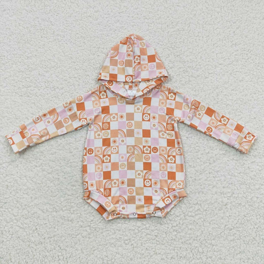 LR0271 Happy Orange Plaid Hooded Long Sleeve Bodysuit
