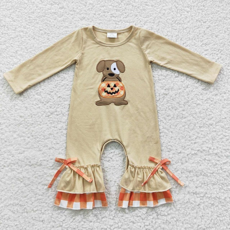 LR0290 Girls Embroidered Puppy Jack-O-Lantern Plaid Beige Halloween Long-Sleeved Onesie