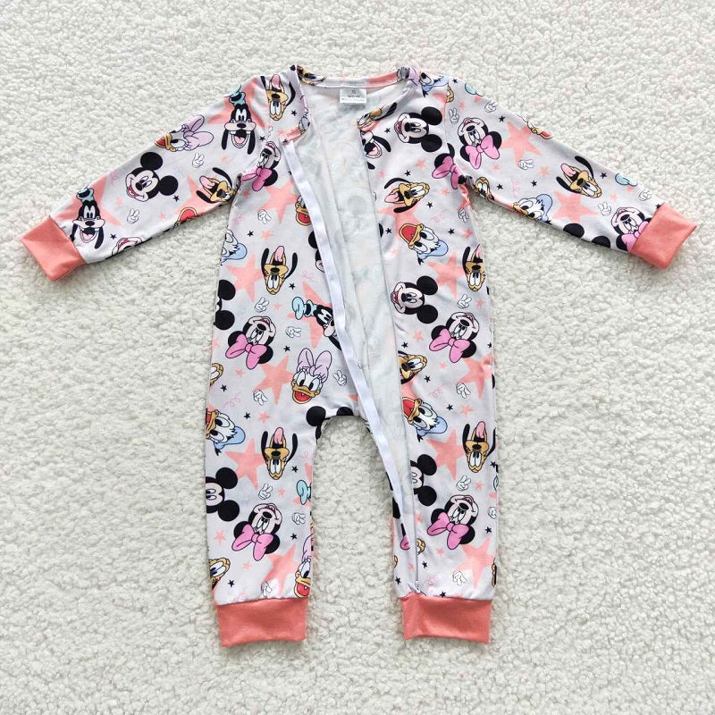 LR0298 Cartoon Print Pink Zipper Long Sleeve Bodysuit