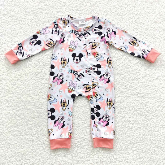 LR0298 Cartoon Print Pink Zipper Long Sleeve Bodysuit