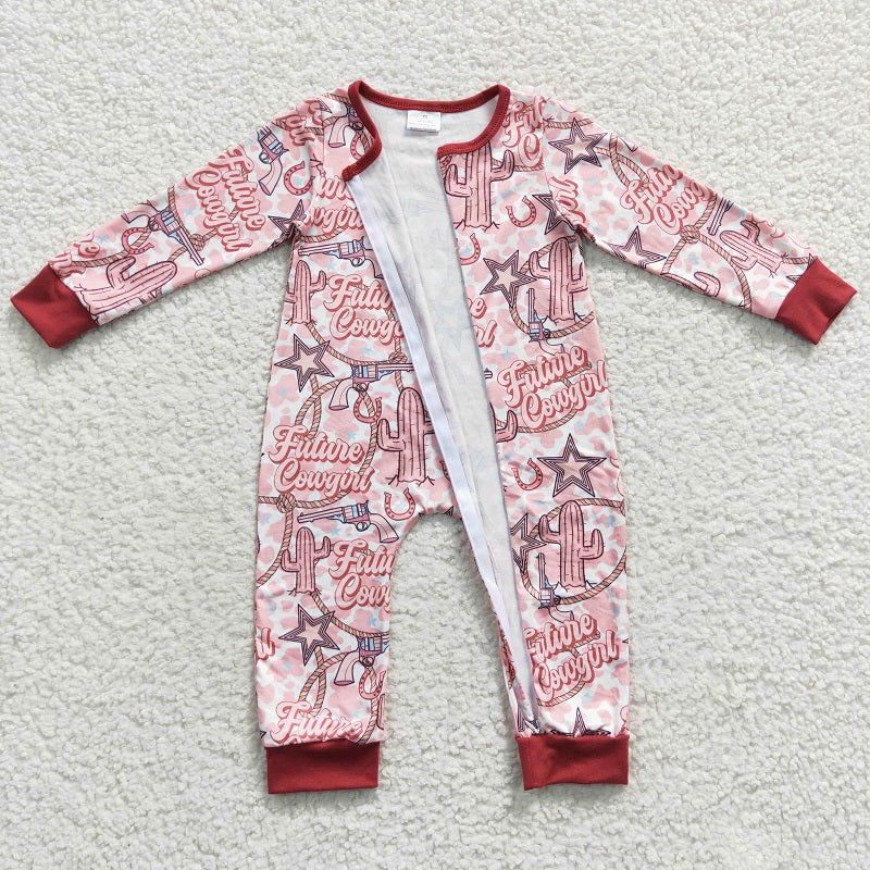 LR0306 cowgirl cactus star pink zip long sleeve jumpsuit