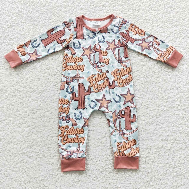 LR0307 cowboy cactus star zip long sleeve jumpsuit