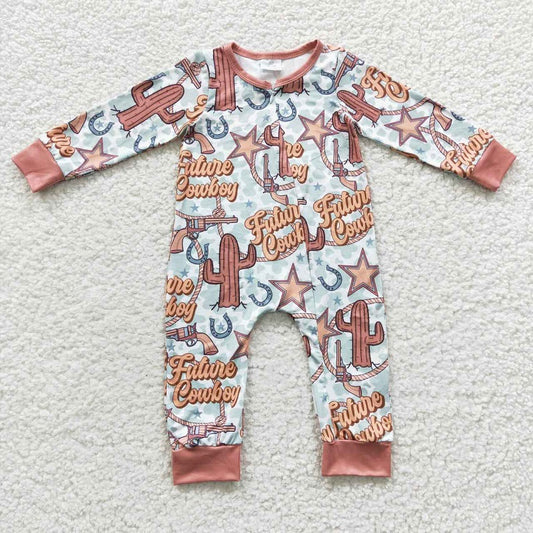 LR0307 cowboy cactus star zip long sleeve jumpsuit
