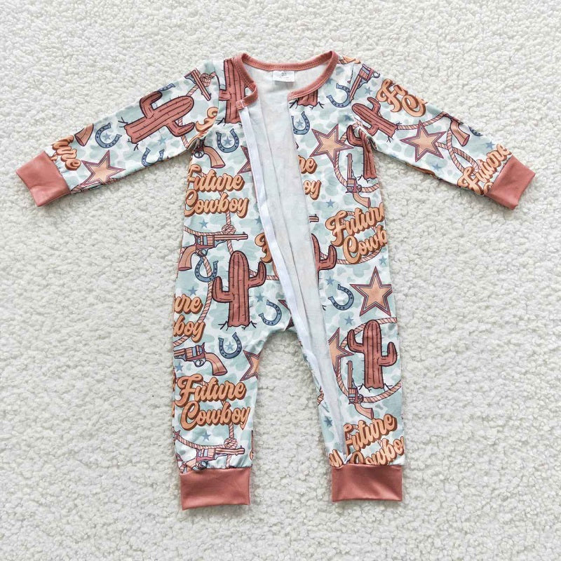 LR0307 cowboy cactus star zip long sleeve jumpsuit