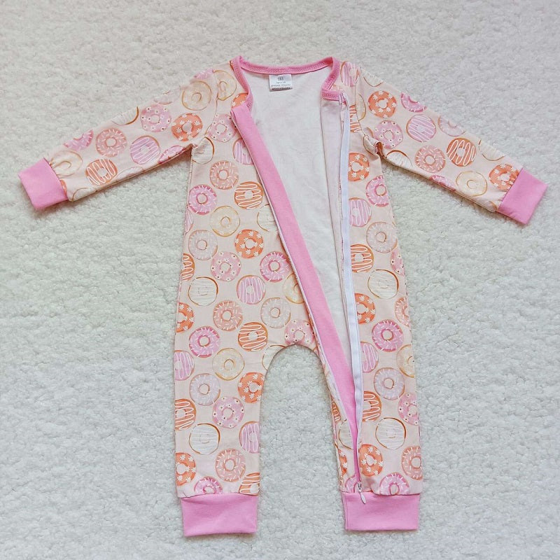 LR0312 Donut Pink Trim Zip Long Sleeve Bodysuit