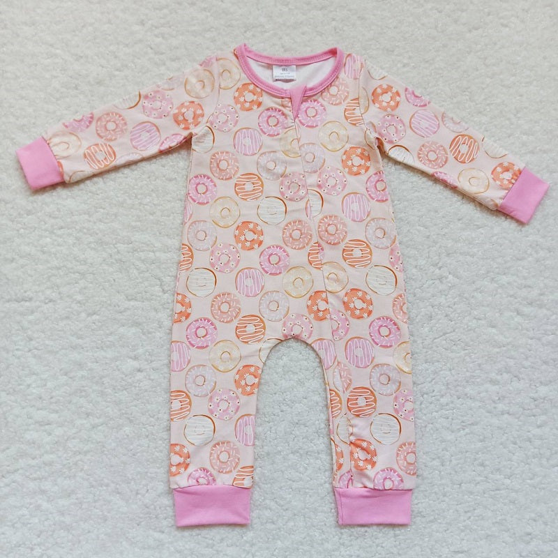 LR0312 Donut Pink Trim Zip Long Sleeve Bodysuit