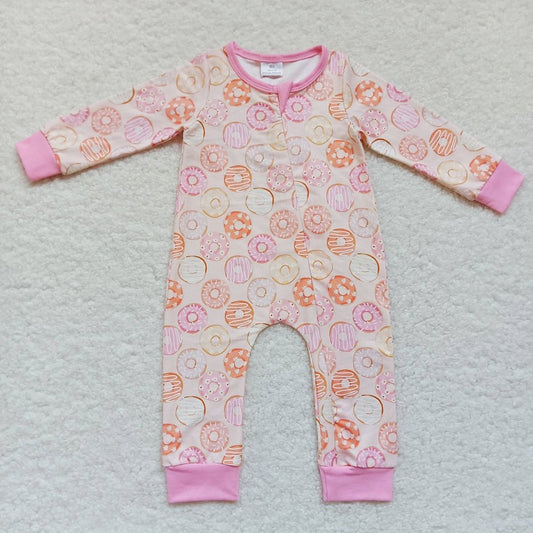 LR0312 Donut Pink Trim Zip Long Sleeve Bodysuit