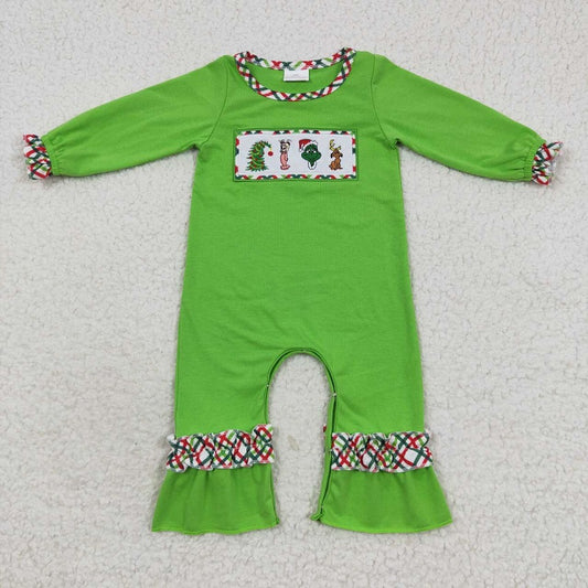 LR0324 Girls Christmas Embroidery Cartoon Dog Plaid Green Long Sleeve Onesie