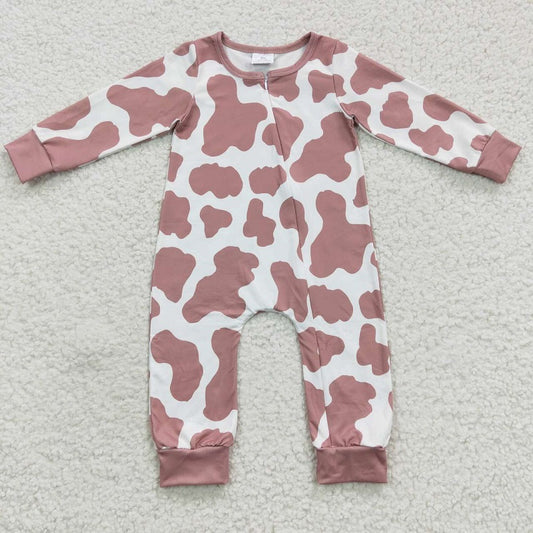 LR0333 Rose Pink Leopard White Zipper Long Sleeve Bodysuit