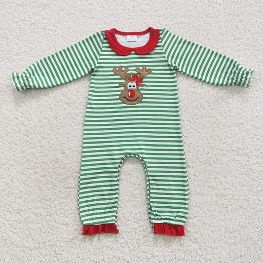 LR0339 Girls Embroidered Elk Green Stripe Christmas Long Sleeve Bodysuit