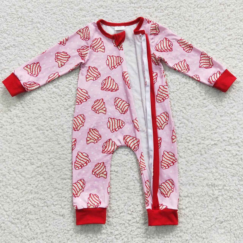 LR0340 Christmas Tree Cookie Polka Dot Pink Zipper Long Sleeve Bodysuit