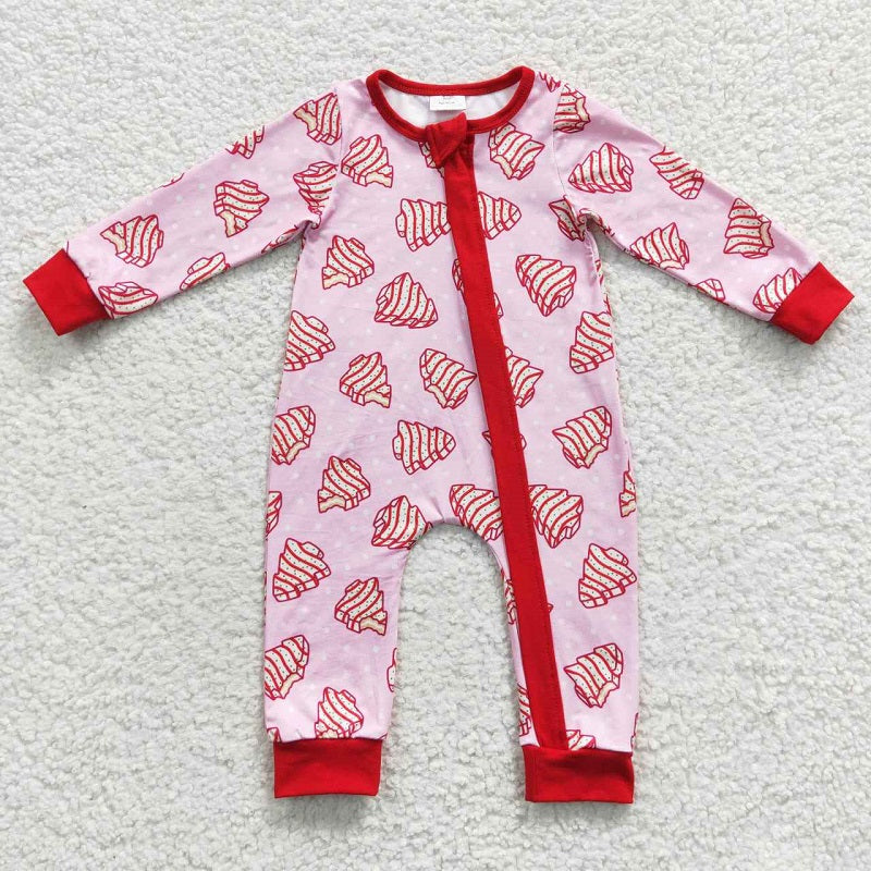 LR0340 Christmas Tree Cookie Polka Dot Pink Zipper Long Sleeve Bodysuit