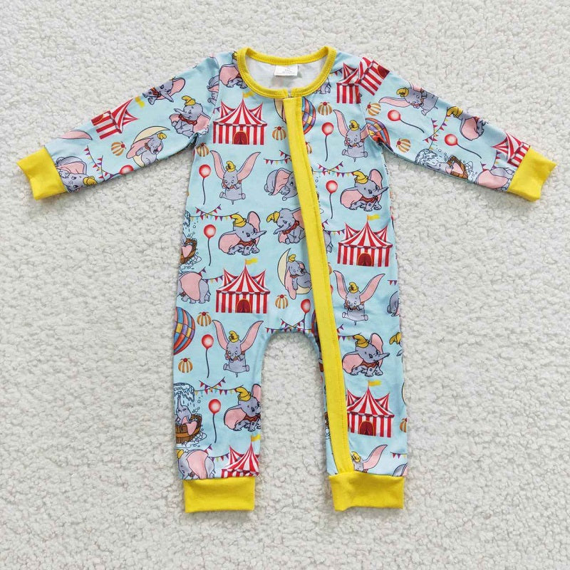 LR0346 Cartoon Hot Air Balloon Elephant Blue Yellow Zipper Long Sleeve Jumpsuit