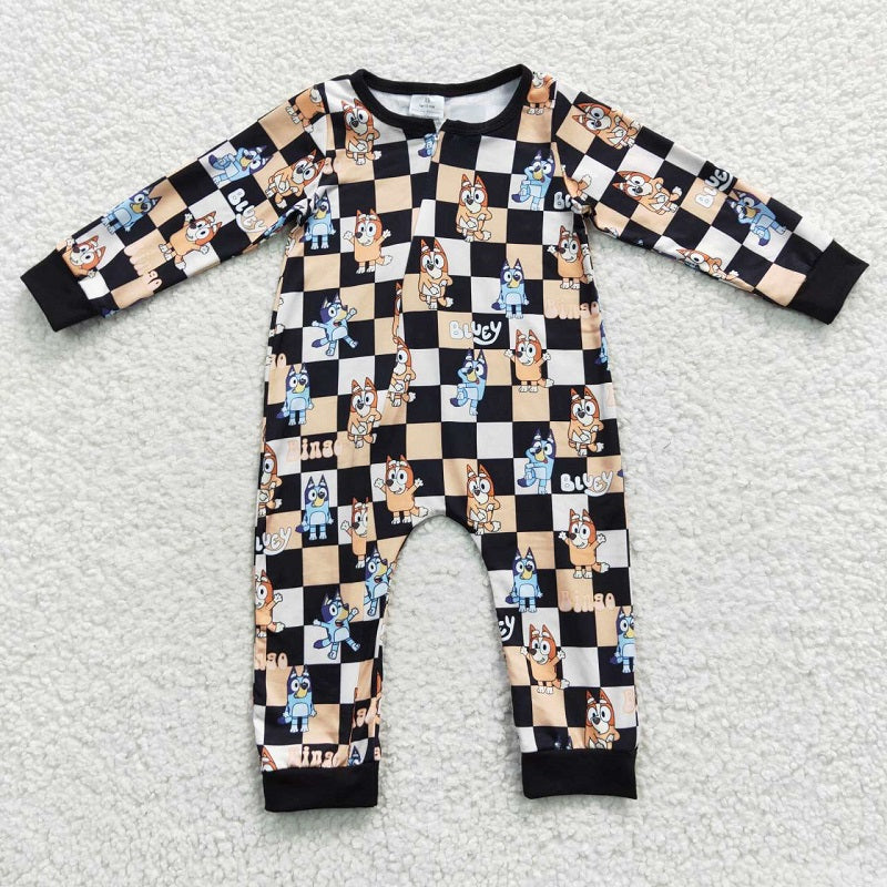 LR0359 Cartoon Dog Orange Black Plaid Zipper Long Sleeve Bodysuit