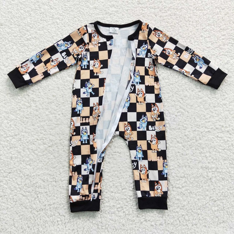 LR0359 Cartoon Dog Orange Black Plaid Zipper Long Sleeve Bodysuit