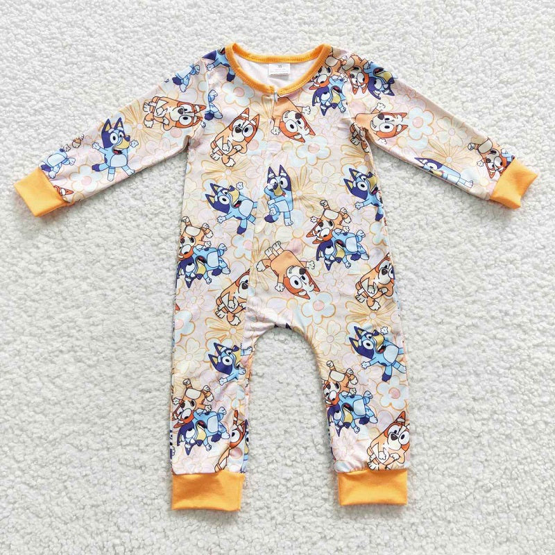 LR0360 Cartoon  blue flower orange zipper long sleeve jumpsuit