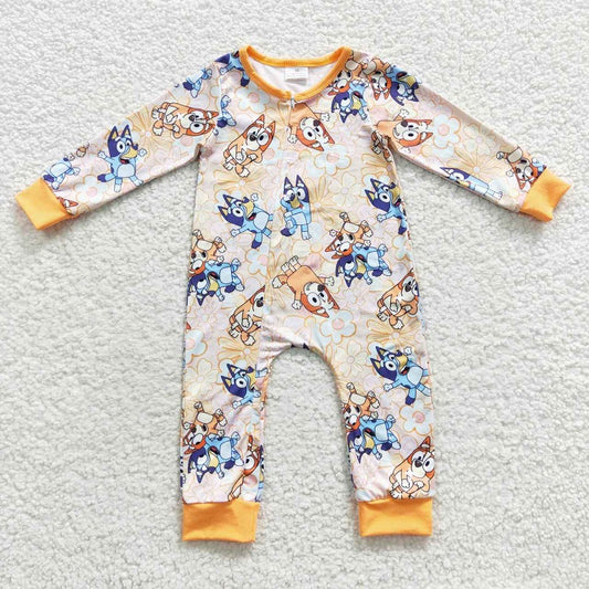 LR0360 Cartoon  blue flower orange zipper long sleeve jumpsuit