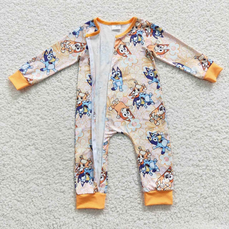 LR0360 Cartoon  blue flower orange zipper long sleeve jumpsuit