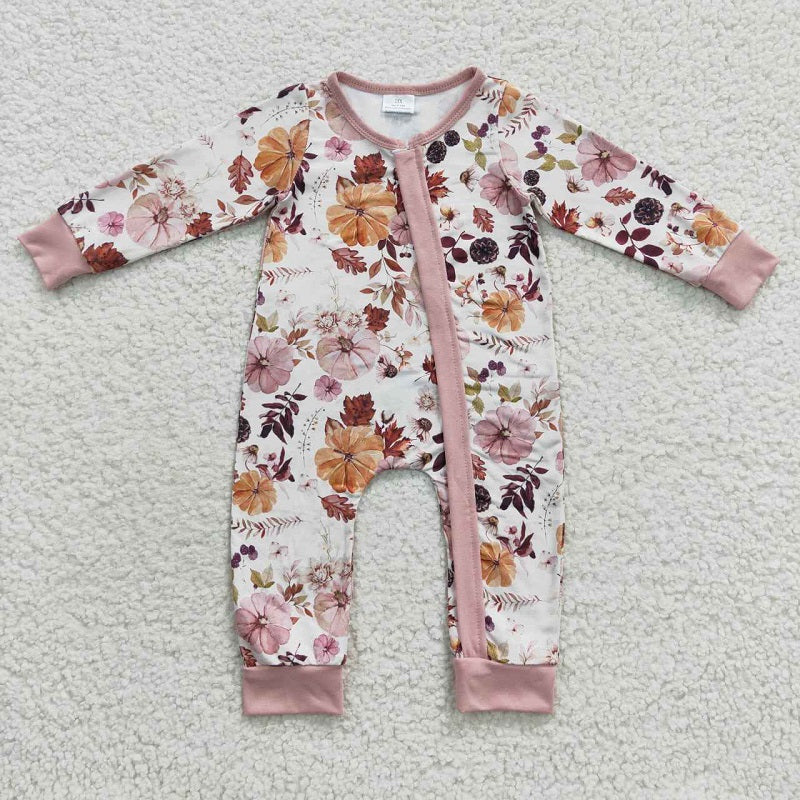 LR0363 Pumpkin Leaf Pine Nut Zip Long Sleeve Bodysuit