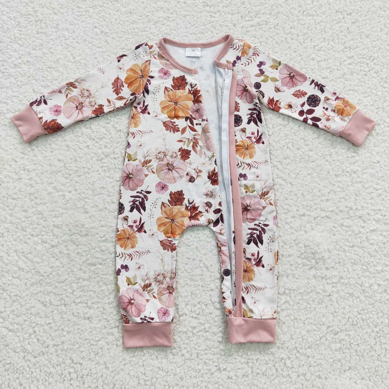 LR0363 Pumpkin Leaf Pine Nut Zip Long Sleeve Bodysuit