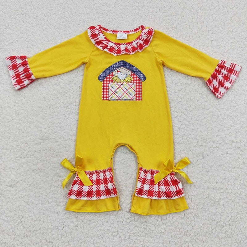 LR0383 Embroidery Farm Chicken Red House Red Plaid Lace Yellow Long Sleeve Onesie