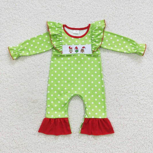 LR0387 Green Cartoon Embroider Christmas Romper Girls