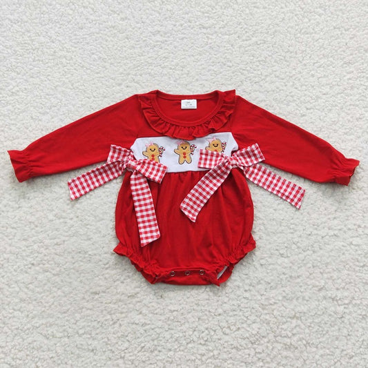 LR0393 Embroidered Gingerbread Man Red Plaid Bow Lace Long Sleeve Onesie Romper