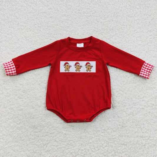 LR0394 Embroidered Gingerbread Man Red Plaid Long Sleeve Onesie Romper