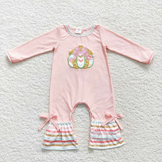 LR0402 Embroidered Bow Gold Pumpkin Stripe Lace Pink Long Sleeve Bodysuit