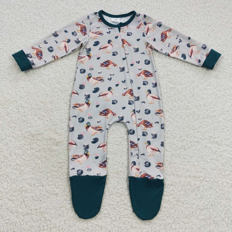LR0418 Duck Lotus Dark Green Zipper Long Sleeve Bodysuit Duck Lotus Dark Green Zipper Long Sleeve Bodysuit