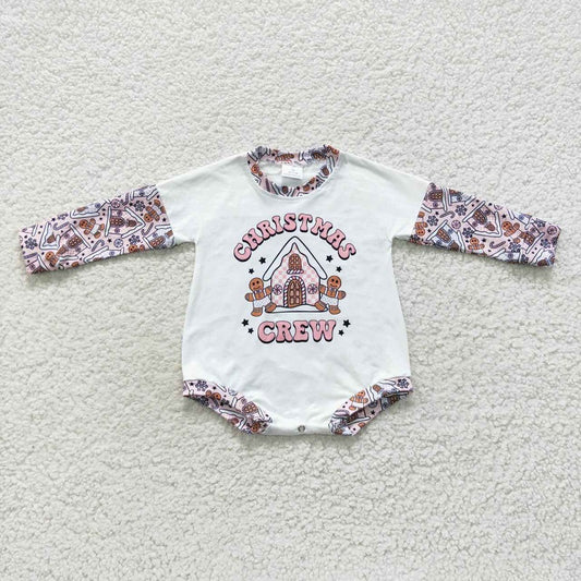 LR0423 christmas crew gingerbread man house pink and white long-sleeved jumpsuit