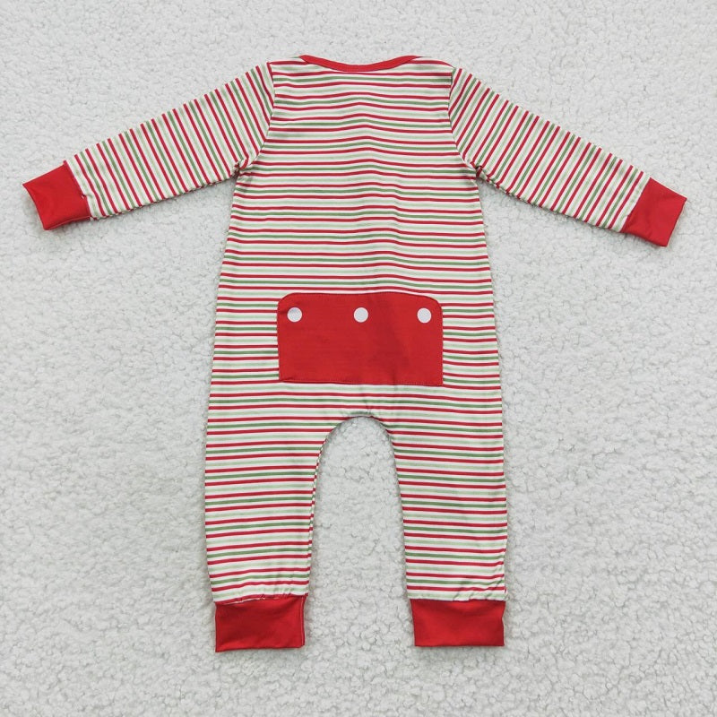 LR0442 Embroidered Santa Red and Green Stripe Zip Long Sleeve Bodysuit