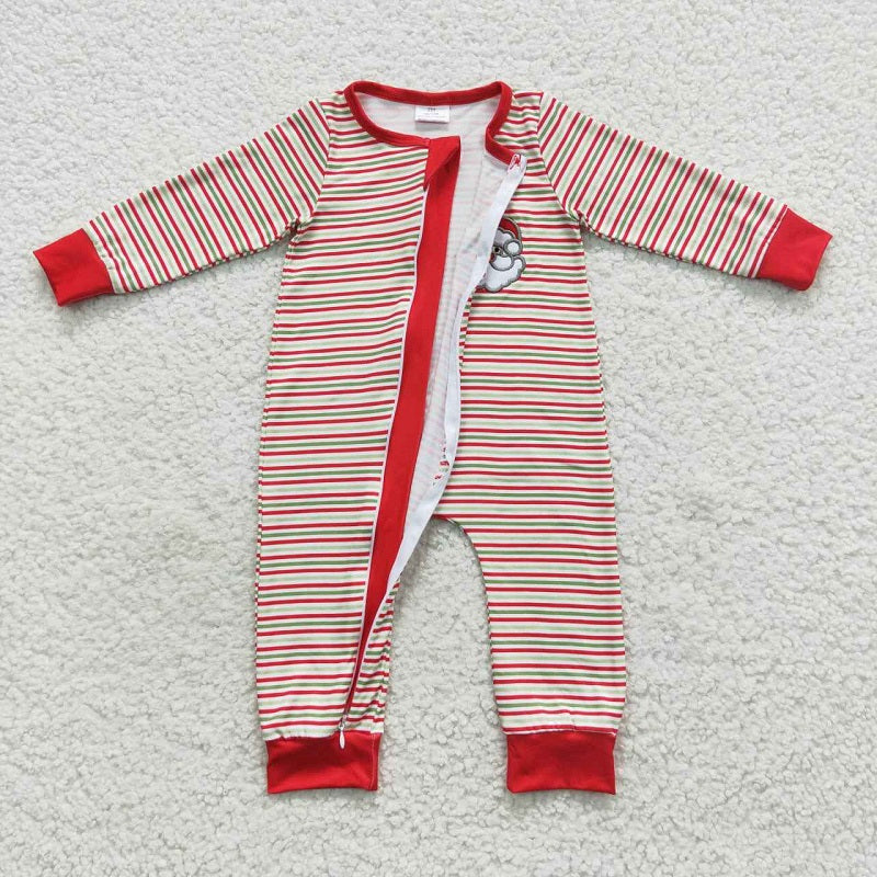 LR0442 Embroidered Santa Red and Green Stripe Zip Long Sleeve Bodysuit