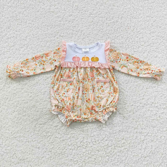 LR0450 Embroidered Three Pumpkin Flowers Lace Pocket Long Sleeve Bodysuit