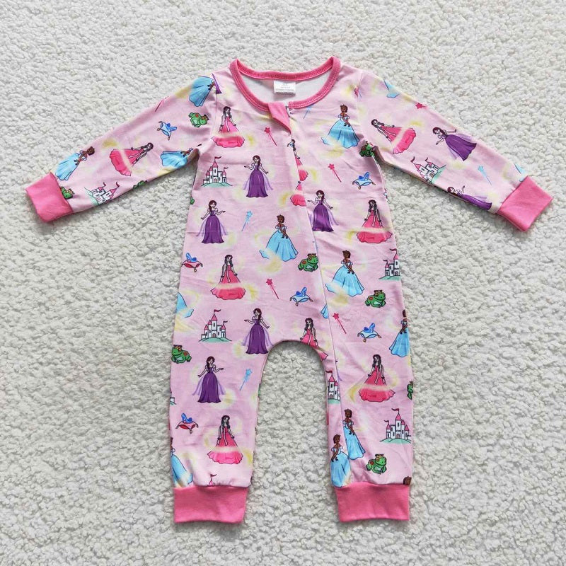 LR0468 Cartoon Pink Rose Red Zipper Long Sleeve Jumpsuit