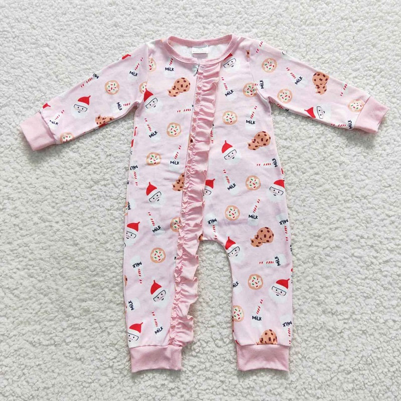 LR0471 Milk Cookie Santa Pink Zipper Long Sleeve Bodysuit