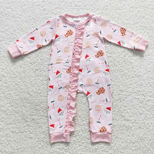 LR0471 Milk Cookie Santa Pink Zipper Long Sleeve Bodysuit