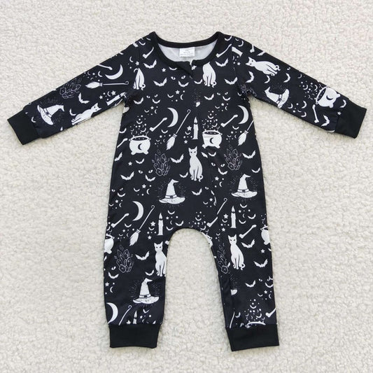 LR0473 Cat Magic Broom Witch Moon Bat Black Zipper Long Sleeve Bodysuit