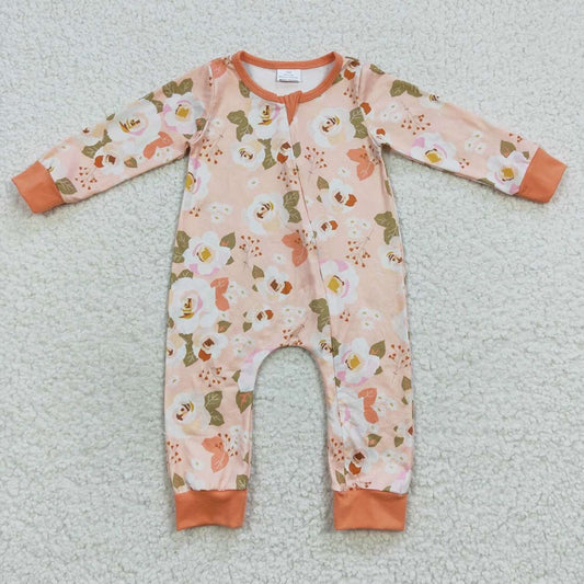 LR0476 Floral Orange Zip Long Sleeve Bodysuit