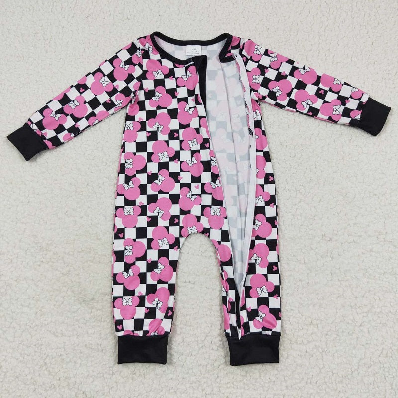 LR0478 Bowknot rose red black and white plaid zipper long-sleeved jumpsuit