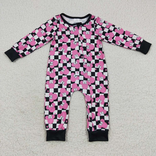 LR0478 Bowknot rose red black and white plaid zipper long-sleeved jumpsuit