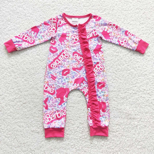 LR0481 Alphabet Pink Leopard Rose Lace Zipper Long Sleeve Bodysuit