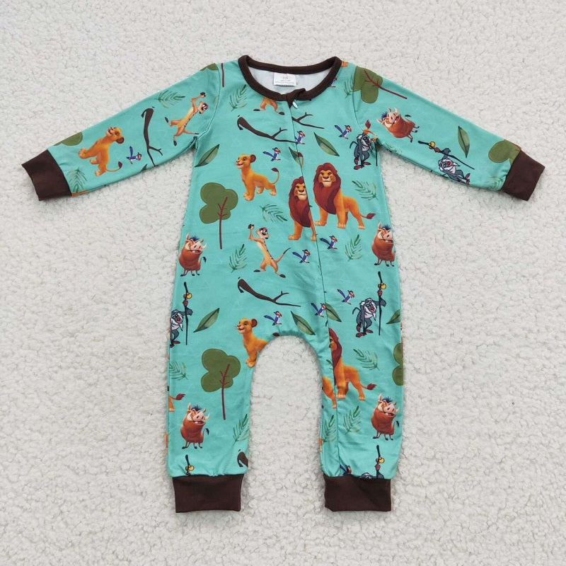 LR0486 Cartoon Lion Green Brown Zipper Long Sleeve Bodysuit