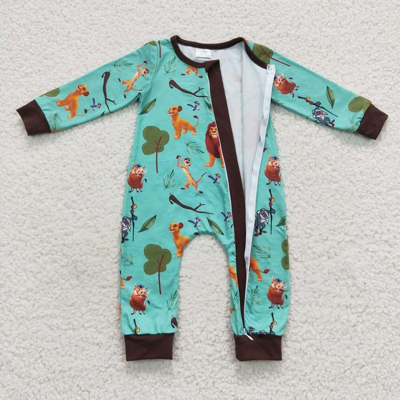 LR0486 Cartoon Lion Green Brown Zipper Long Sleeve Bodysuit