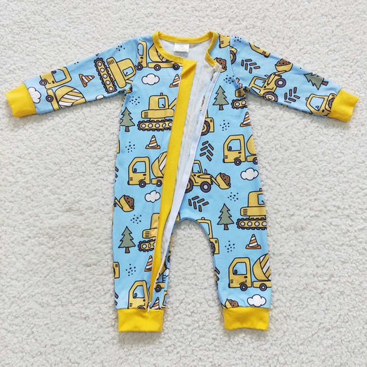 LR0492 Construction Vehicle Excavator Blue Yellow Zipper Long Sleeve Jumpsuit