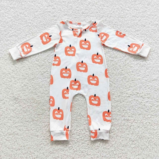 LR0495 Smile Pumpkin White Zip Long Sleeve Bodysuit